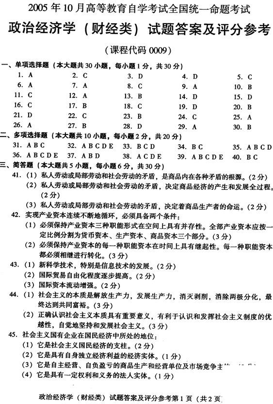 全國2005年10月00009政治經(jīng)濟(jì)學(xué)（財(cái)）自考試題參考答案